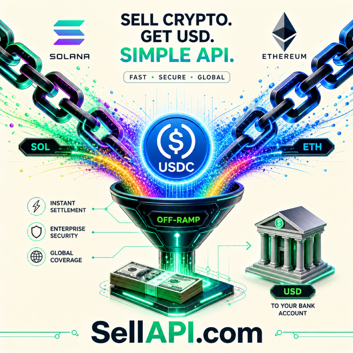 Crypto Sell API Solana Ethereum stablecoin neon art SellAPI.com
