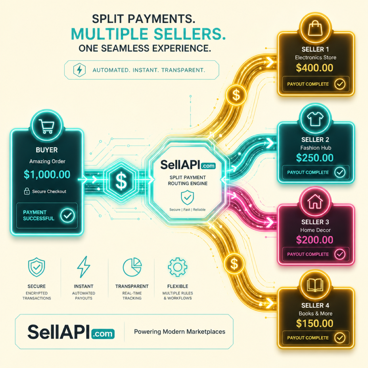 Marketplace Sell API split payments neon illustration SellAPI.com